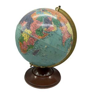 vintage world globe repogle 12" made in U.S.A rotating brown base READ
